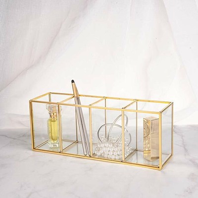 Vintage Brass Gold Glass Makeup Brush Holder Vanity Cosmetic Desktop Organizer Ebay