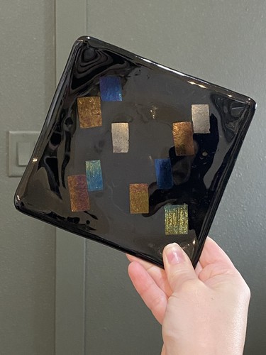 Fused Iridescent Dichroic Glass Tray 6" Square Geometric Design Signed McVay '86 - Picture 4 of 7