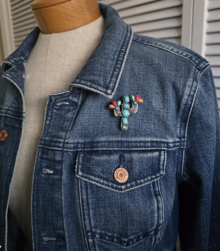 Magnetic Cactus Brooch, Faux Turquoise. South Western Jewelry, Hat Magnetic Pin - Picture 3 of 4