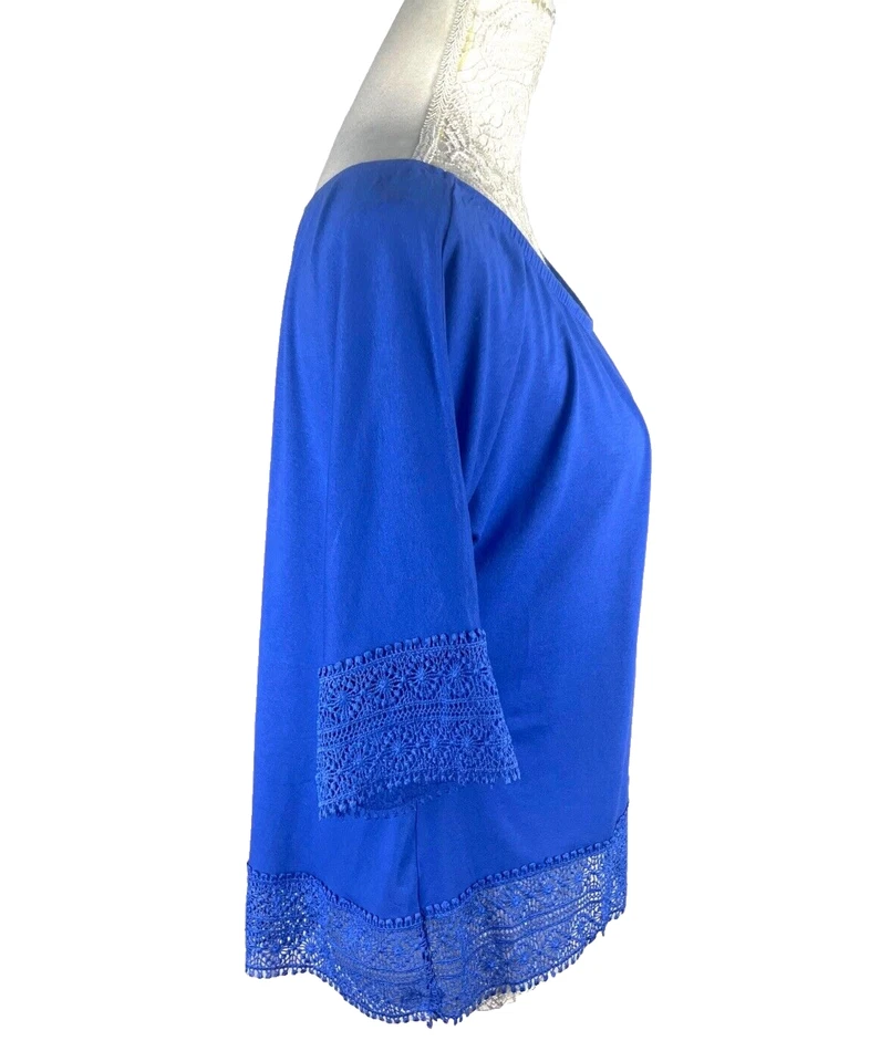 George T-shirt Blouse Women's UK Size 14 Blue Lace Trim Detail 3/4 Sleeve Summer - Image 3 of 4