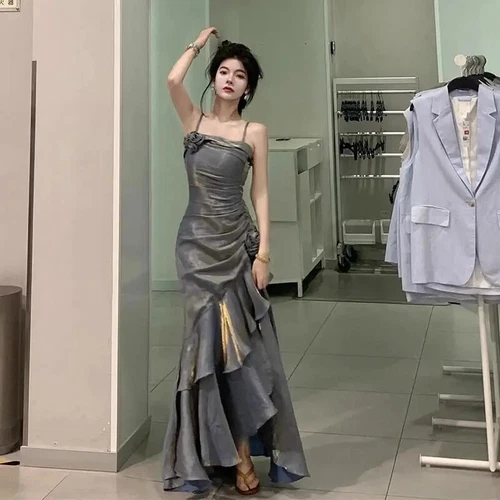 New Vintage Velvet Long Dress Women's Italian Noodle Strap Flower Dress - Picture 15 of 19