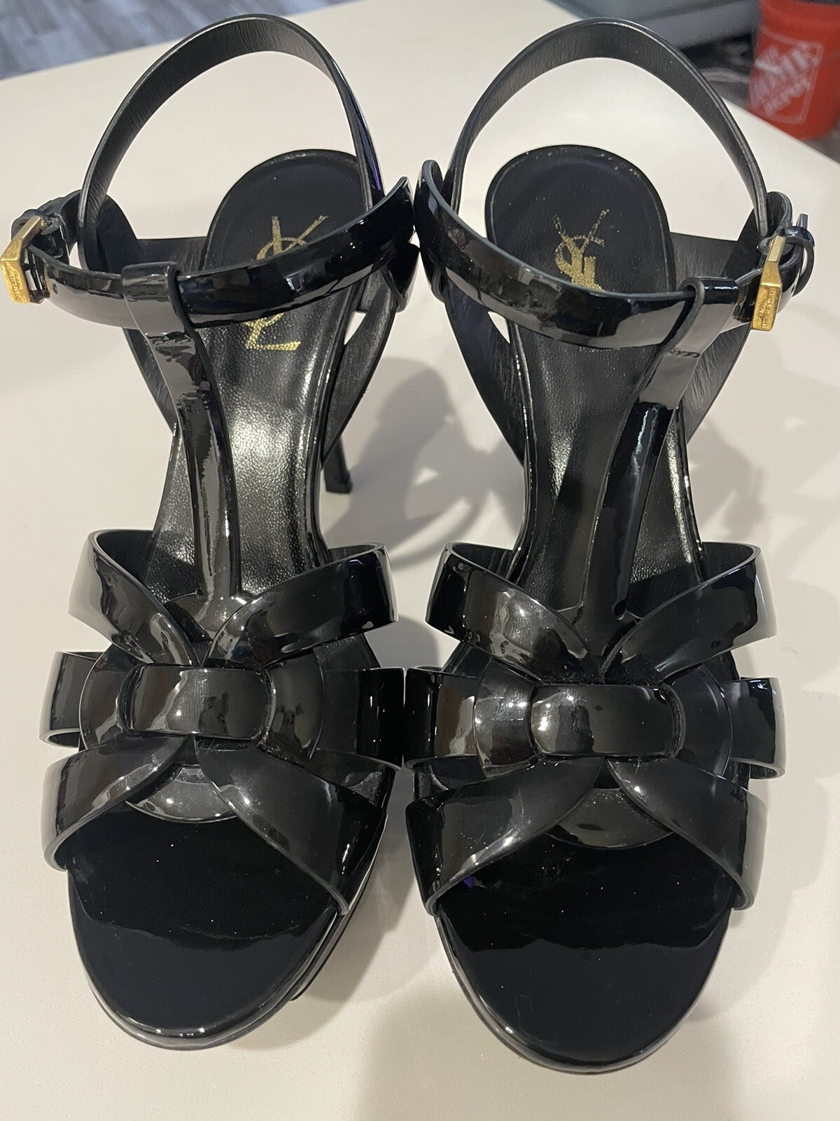 SAINT LAURENT Sandalo tributo nero ysl tacco taglia 38 5 8 5 US gira 1 taglia Under Fit 7 5 US