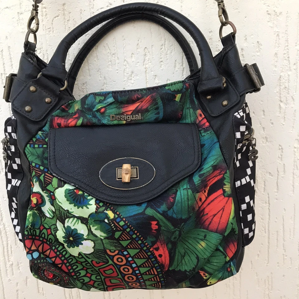 Auténtico bolso de hombro de cuero de lona floral Desigual para mujer Foto 2 de 4