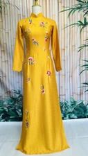 Vietnamese Long Dress - Embroidered Designed-Áo Dài Lụa Vân Gỗ Thêu Hoa-No Pants