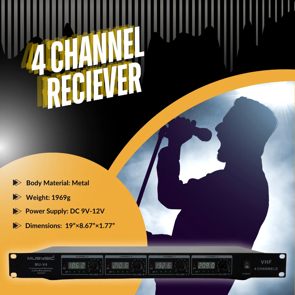 MUSYSIC Professional 4 Channel VHF Handheld Wireless Microphone System MU-V4-HH - Image 4 of 4