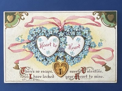 Antique Postcard Hearts Bluebells I have locked your heart to mine Lock Ribbon