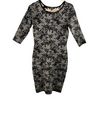 Roz & Ali Casual Knit Dress XS Black Beige Floral Stretch Fitted Office Look