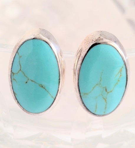 Vintage Turquoise Sterling Silver Earrings Oval T Mark 925 Stud Taxco Mexico
