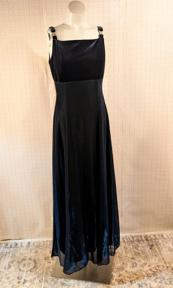 Vintage Betsy & Adam Whimsigoth Dress 6 Black & Blue Metallic Velvet Empire Maxi - Image 2 of 4