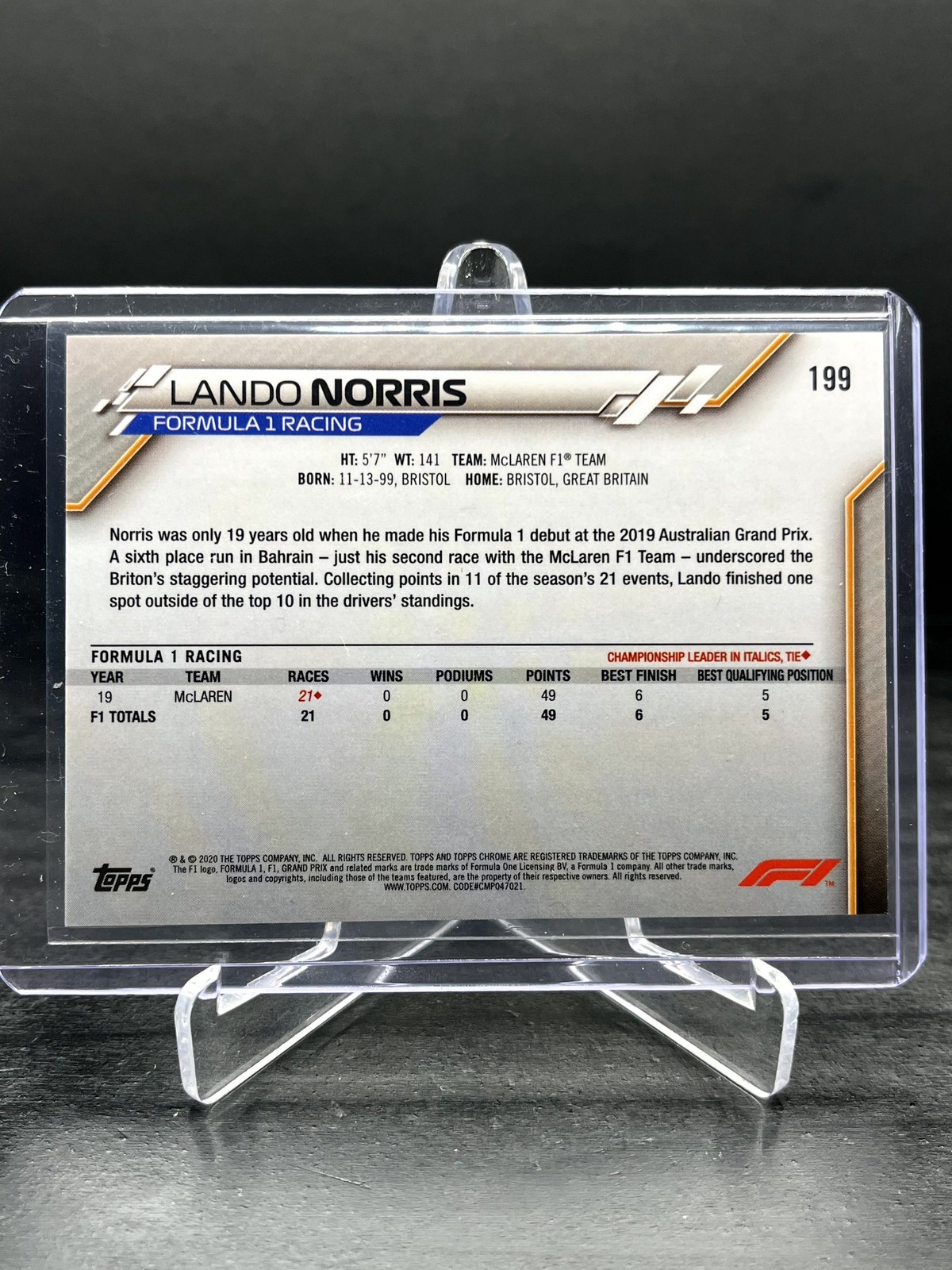 2020 Topps Chrome Sapphire Formula 1 F1 Lando Norris RC Rookie Freshest #199 view 2