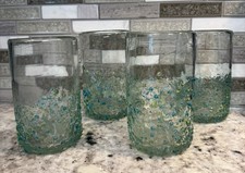 Set 4 Sea Glass Tumblers Thick Hand Blown Textured 16oz Blue/Green Nautical