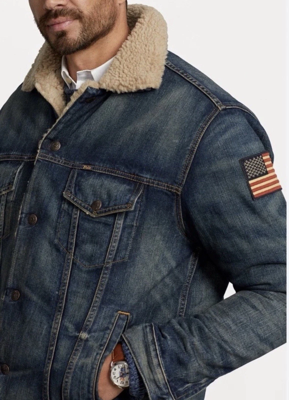 Polo Ralph Lauren Sherpa Fleece Lined Denim Trucker Jean Jacket Men’s Size L - product detail image 6