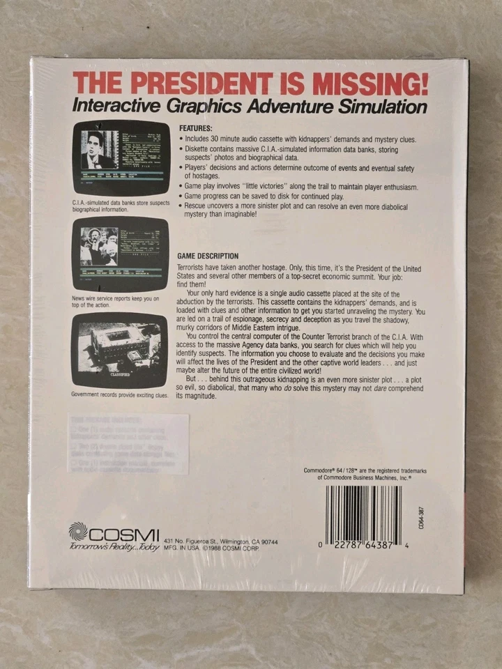 COSMI 1989 The President Is Missing! 3.5 Disk IBM PC Tandy CGA Game NEW SEALED! - Image 2 of 2