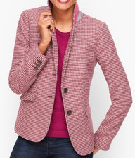 Talbots Shetland Wool Houndstooth Blazer Sz 10 Pink Burgundy Academia Equestrian