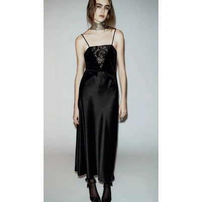 ZARA Contrasting Satin Velvet Lace Midi Long Slip Dress Evening Gown S 10 12 - Image 1 of 4