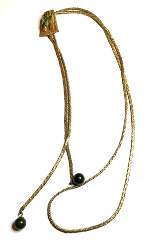 Vintage Signed Miriam Haskell Chain Bolo Lariat Necklace Green Gold Tone Jade