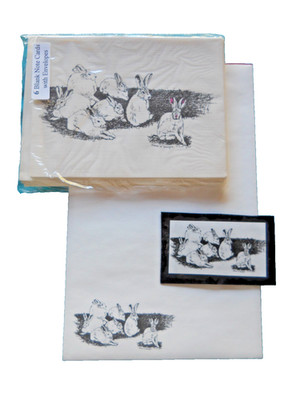 Bunnies Rabbits in Field 3 Piece Set-Notepad, 6 Blank Notecards and Magnet - New