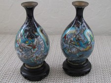 Pair Antique Cloisonné Enamel Meiji Japanese Small Vases Dragon Bright Colors