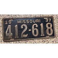 1937 Missouri License Plate 412-618 Vintage Original Embossed MO Auto Tag