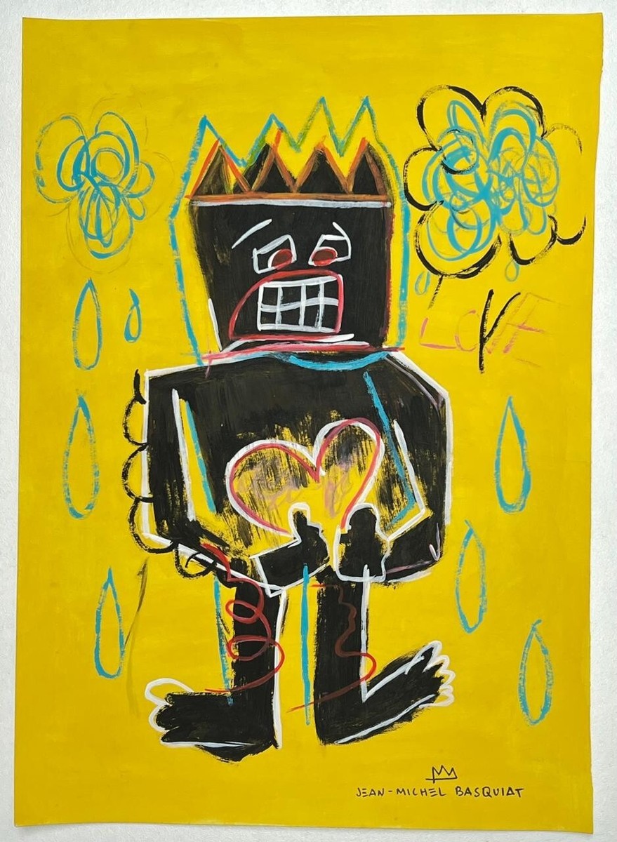アート・デザイン・音楽 JEAN-MICHEL BASQUIAT DRAWINGS Jean-Michel Basquiat (Handmade) Drawing On old Paper Signed