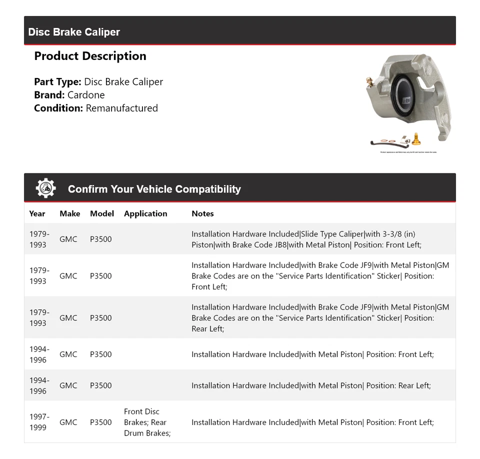 For 1979-1999 GMC P3500 Disc Brake Caliper Cardone 1980 1981 1982 1983 1984 1985 - Image 2 of 4