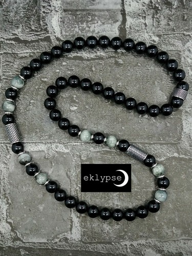 LUXE 24"L STAINLESS STEEL 10mm Gray Hawk Eye+Onyx Gemstone Beaded Men's Necklace - Picture 3 of 12