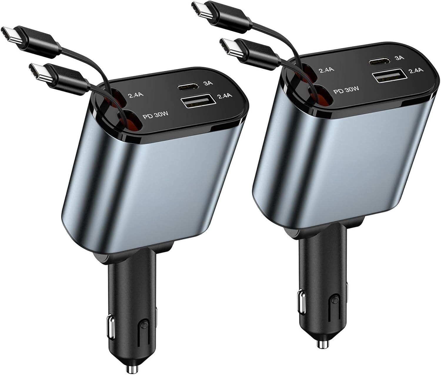 2packs Retractable Car Charger 4in1 Fast Car Phone Charging With 2.6ft Usb C Cor
