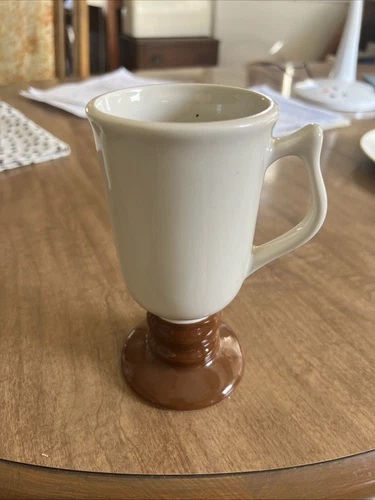 Vintage Hall #1273 White With Brown Footed Irish Coffee Cup Mug USA 6”