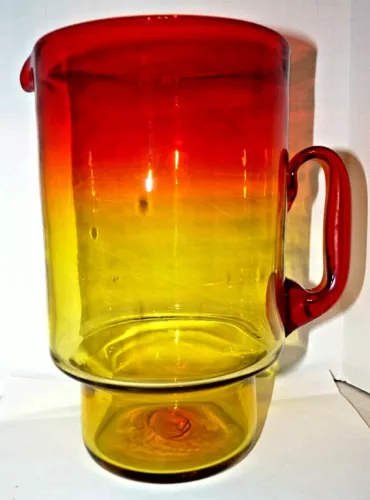Blenko Glass Pitcher 7015L Tangerine Hollow Handle 1970 Huge 10 1/4" Tall