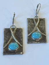 Handmade Kingman Turquoise Sterling Hammer Texture Statement Earrings 1.75”