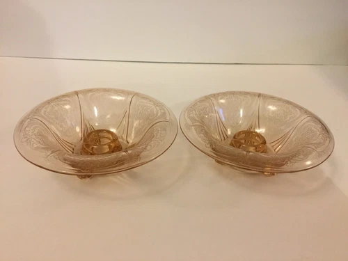 Hazel Atlas Royal Lace Pink Pair Of Rolled Edge Candle Holders Depression Glass