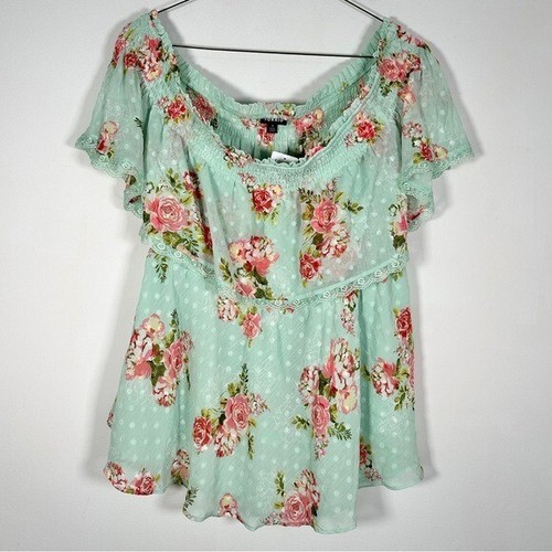 Torrid Women’s NWT Plus Size 1/1X Jade Floral Swiss Dot Off The Shoulder Blouse
