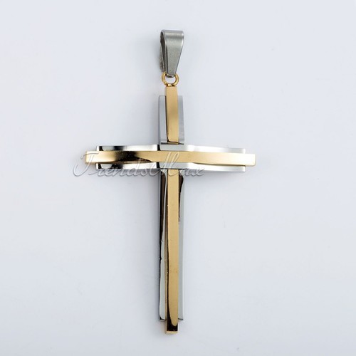 Silver+Gold Plated Stainless Steel Cross Pendant Necklace Curb Chain Women Men - Picture 6 of 10