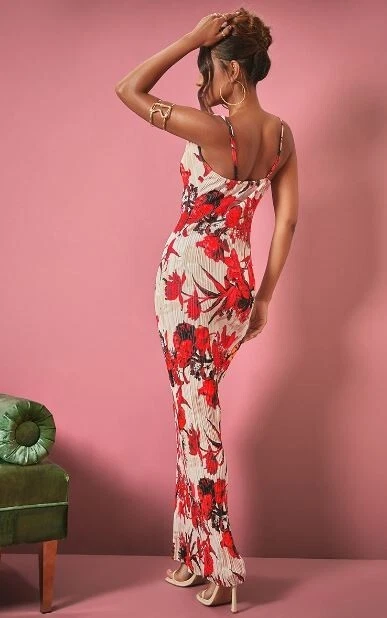 Pretty Little Things Nude Floral Print Plisse Strappy Maxi Dress