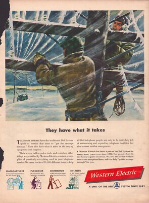 1949 Western Electric Linemen working in Snow Sat Evening Post Vintage Print Ad