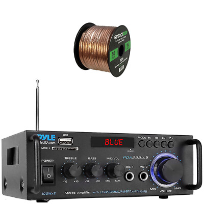 Pyle PDA29BU.6 Bluetooth Compact Power Amplifier Receiver, 50 Feet Speaker Wire