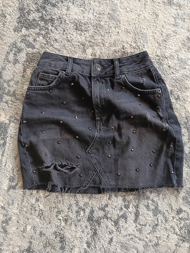 Topshop Moto Womens Denim 5 Pocket Distressed Studded Mini Skirt Black Size 0 - Picture 1 of 8