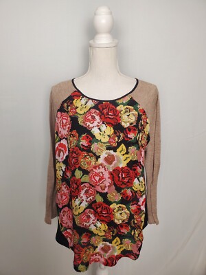 Black Rainn Colorful Floral Satin Front Top Brown Knit Sleeves Women's Medium