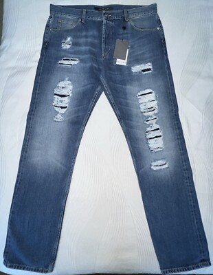 Alexander McQueen Mens Selvedge Denim Blue Washed Jeans 54 NWT 36 X 34 35  Ripped
