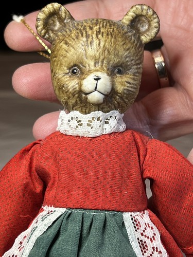 Bisque Teddy Bear Doll Christmas Ornament Lady In Dress Vintage