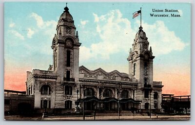 Worcester MA~Union Railway Station~Open 1911~2 Tower Beaux-Arts~Vintage Postcard