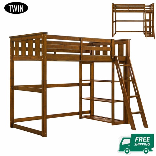 Twin Size Loft Storage Bed Frame For Kids Teen Girls Boys Bedroom Space Espresso - Picture 4 of 12