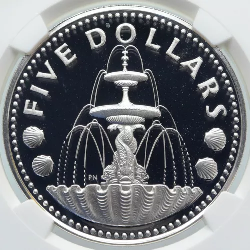 1973 BARBADOS Arms Fountain Trafalgar Genuine Proof Silver $5 Coin NGC i85234