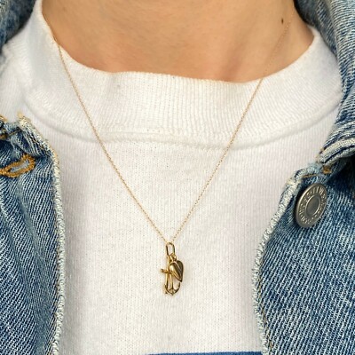 Polished 14k Yellow Gold Ship Anchor & Heart Charm Pendant - Nautical Love Symbol