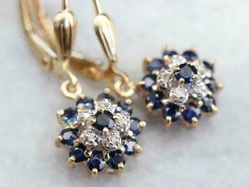 2Ct Round Cut Lab-Created Sapphire Flower Dangle Earrings 14K Yellow Gold Plated - Picture 4 of 8