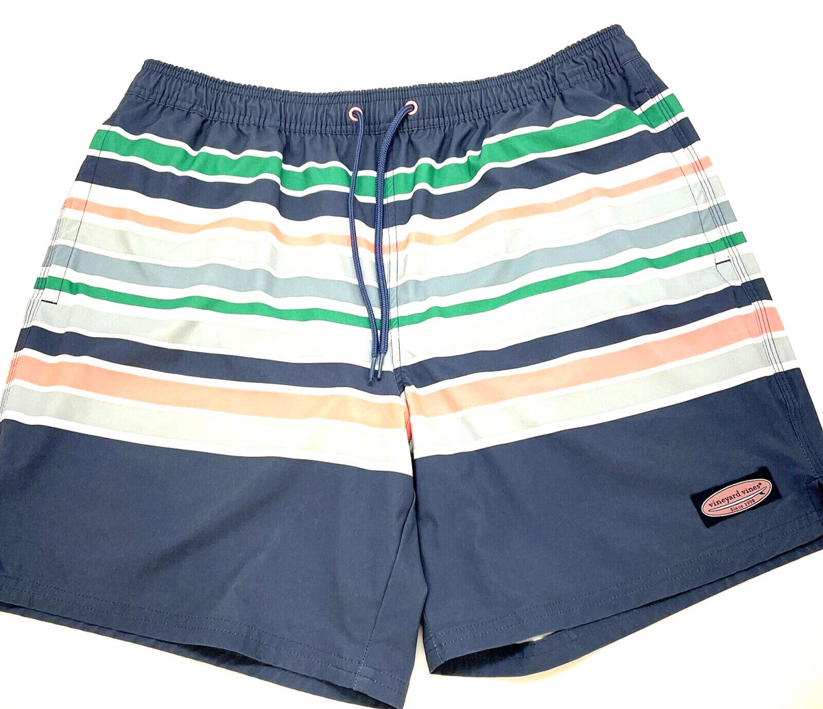 Vineyard Vines Swim Shorts Elastic Draw String Pockets Men s L Blue Green Stripe