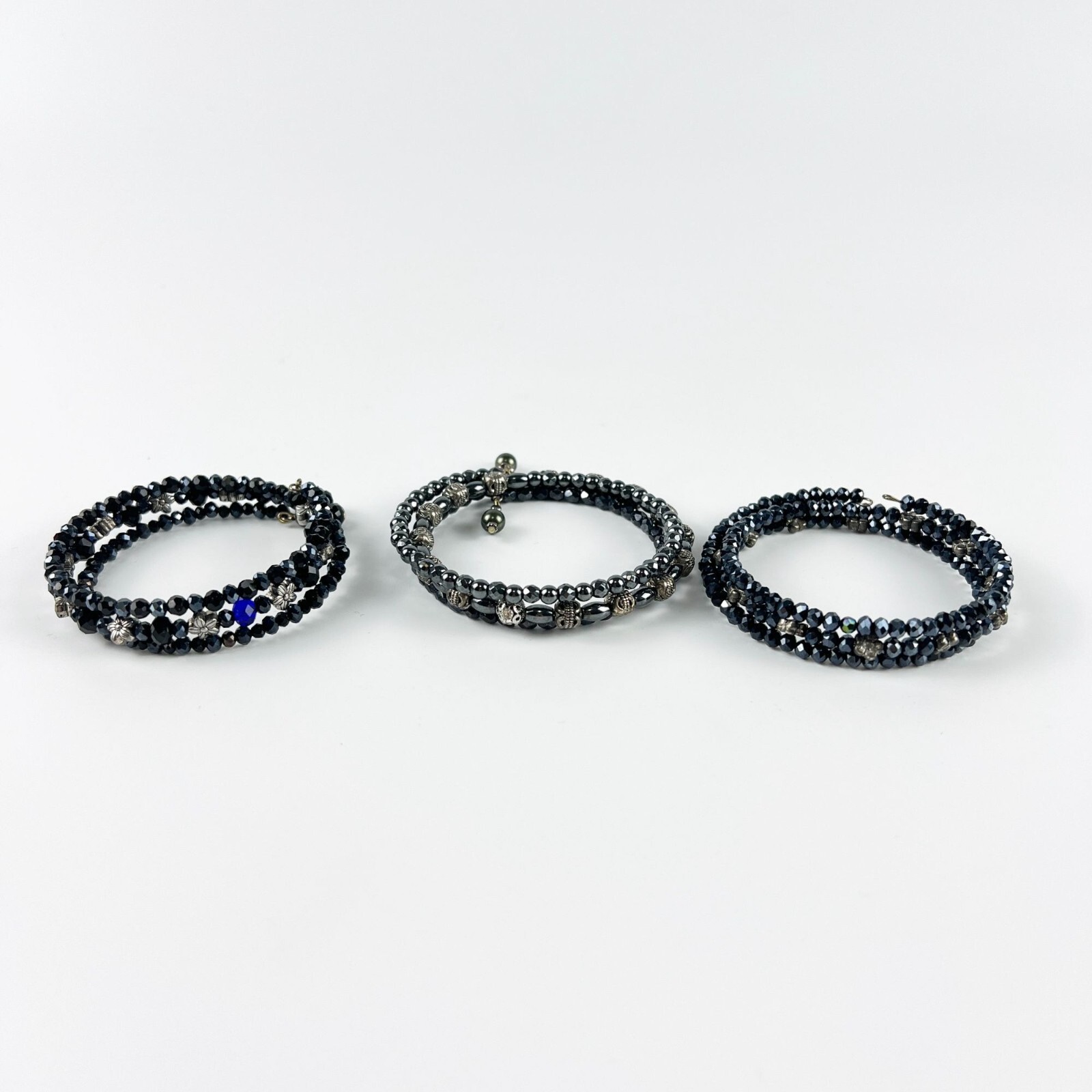 Beaded Black Silver Memory Wire Bangle Bracelets … - image 1