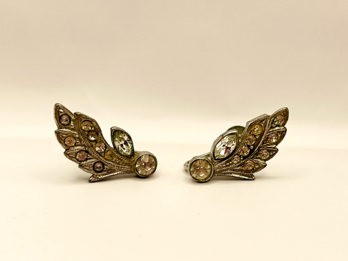 Vintage Feather Rhinestone Silver Tone Screw Back Clip On Earrings - Picture 2 of 7