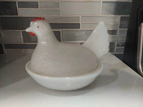 Rare Mini Milk Glass Hen on Nest Covered Candy Dish 4" Indiana Glass Vintage