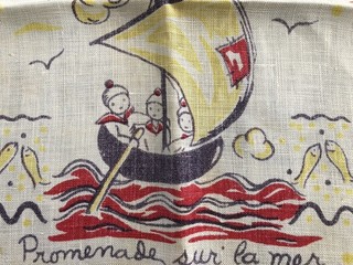 Vintage Tea Towel Linen French Sailboat Ocean Sky Children Fish Kitchen Dish Old